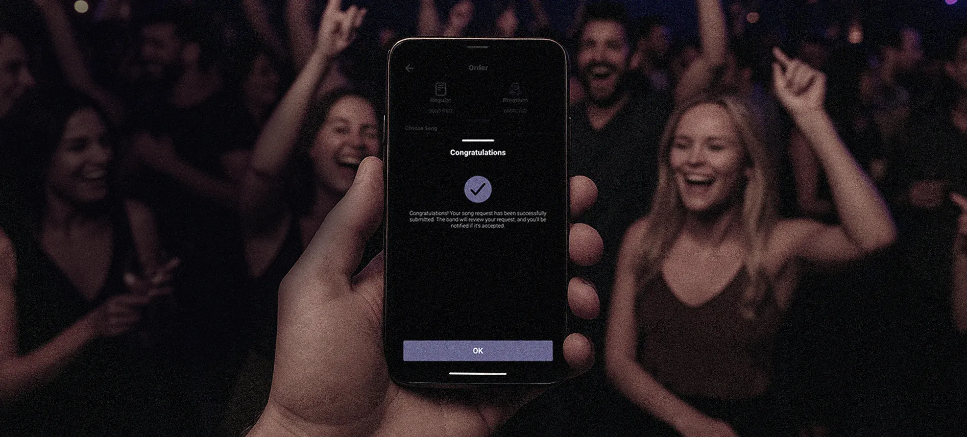 Song requested via Jukebox app added to the live queue at the DJ booth.